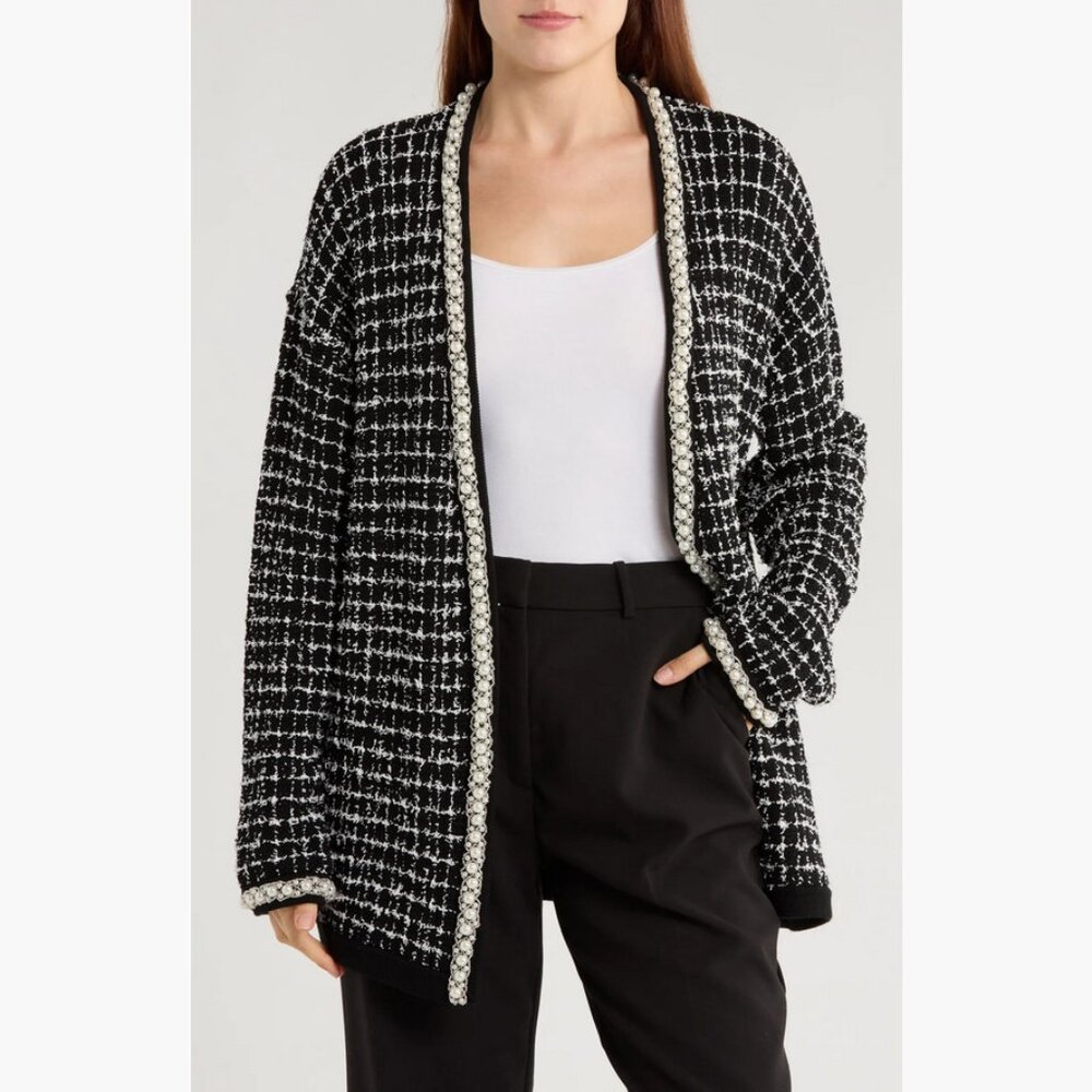 NEW Alice + Olivia Size M Bradford Beaded Open Front Cardigan Black/ Soft White